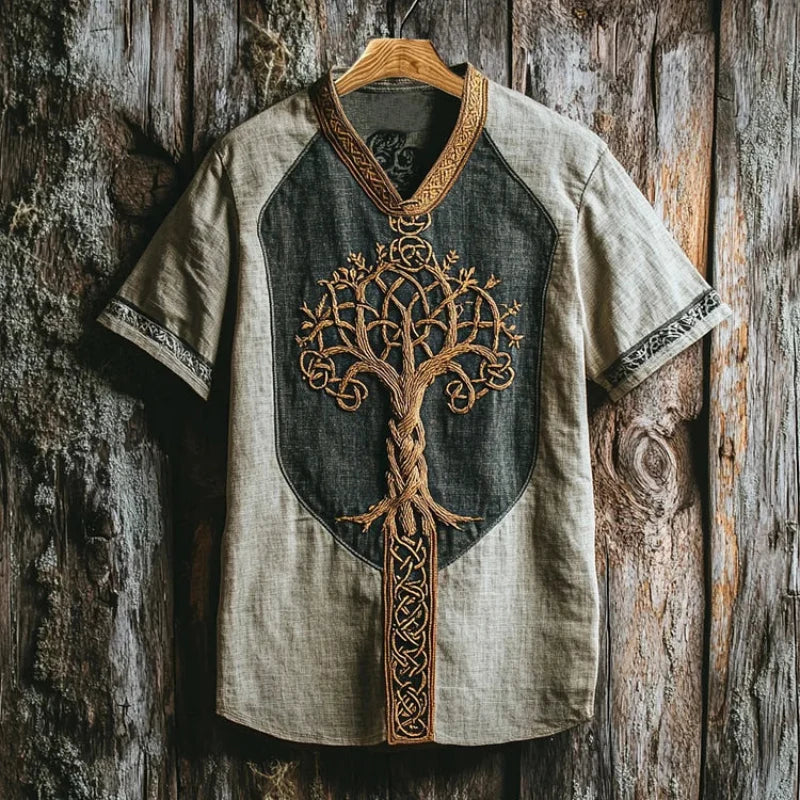 Men's Yggdrasil embroidered mythic short sleeve shirt, comfortable casual top with unique design.