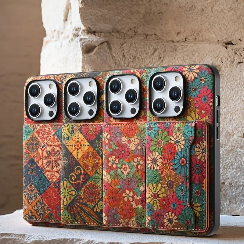 Bohemian patterned iPhone wallet case for men/women, shockproof with kickstand & card holder.