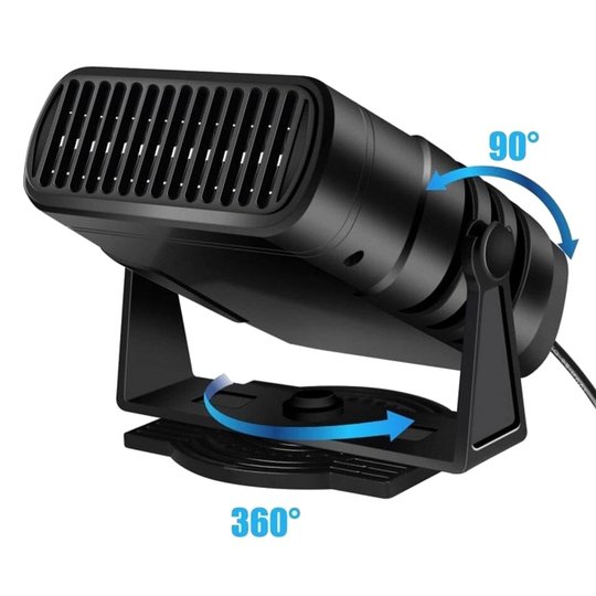 Easy-to-install 12V portable car heater and defroster plugs into cigarette lighter for quick cabin heating.