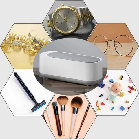 Portable ultrasonic deep cleaner refreshing jewelry, eyeglasses, watches & makeup brushes. Essential personal care.