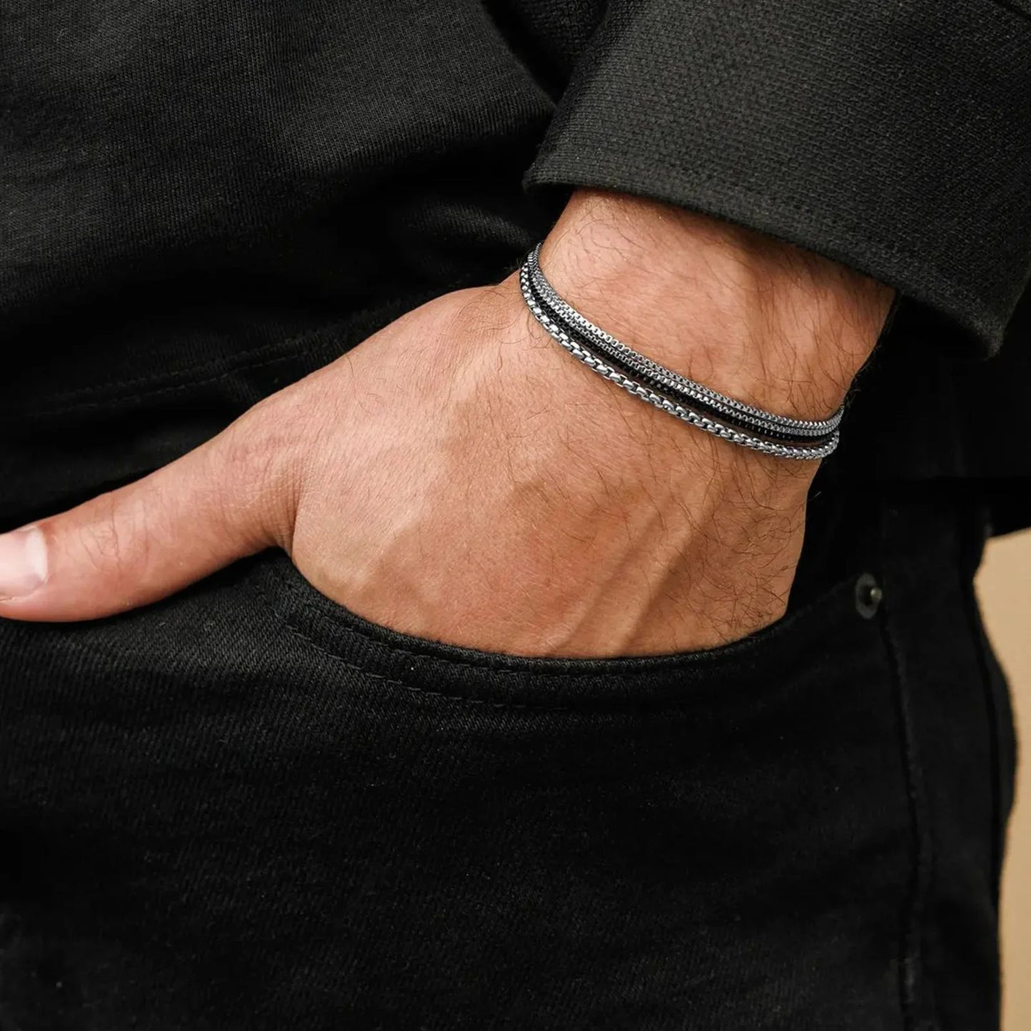 Men's durable silver steel bracelet. Sleek design, anti-scratch & sweatproof for everyday style. Adjustable fit.