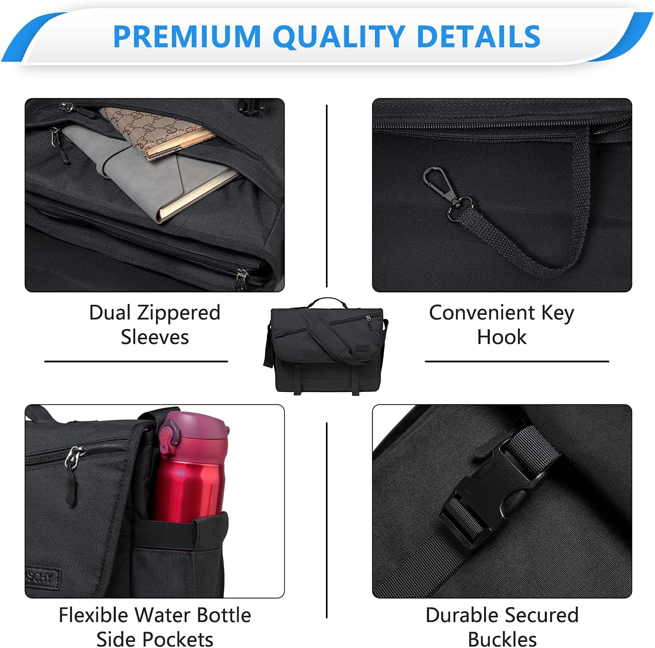 Back view of water-resistant laptop messenger bag, highlighting secure zip pockets & a comfortable carry design.