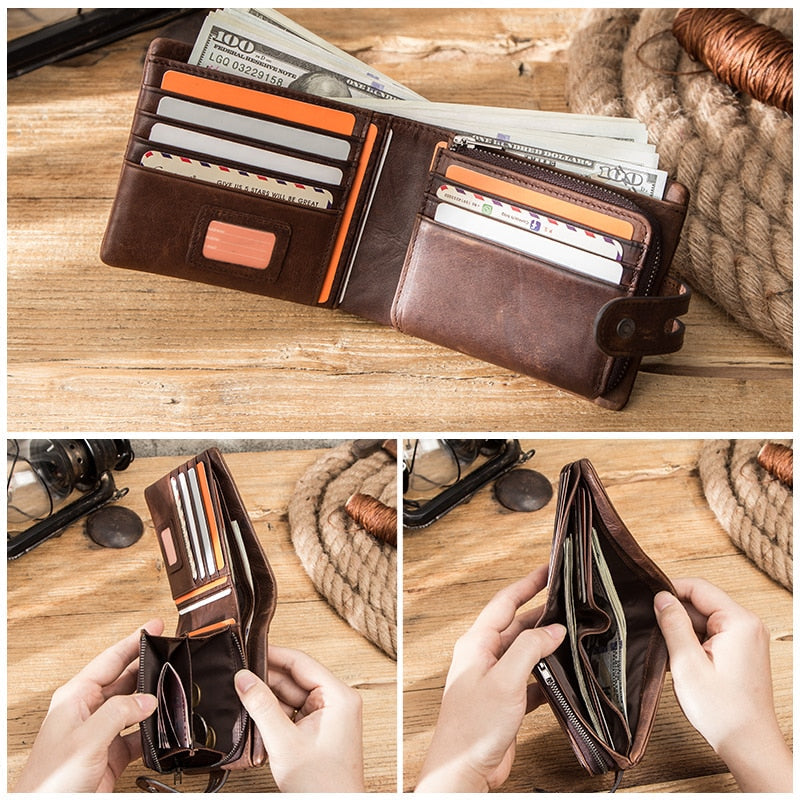 Durable men's vintage style cowhide leather clutch wallet for cards & coins. A secure & stylish men's accessory.