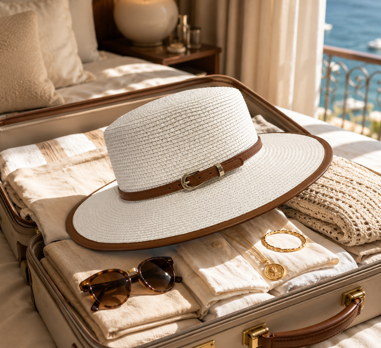 Elegant wide brim sun hat for women. Perfect stylish accessory for sun protection on beach or vacation.