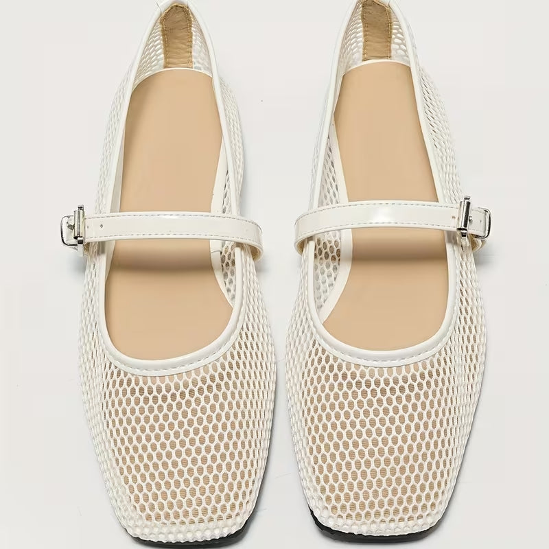 Modern women's square-toe Mary Jane flats, comfortable and trendy. Available in black, white, red. Chic strap design footwear.
