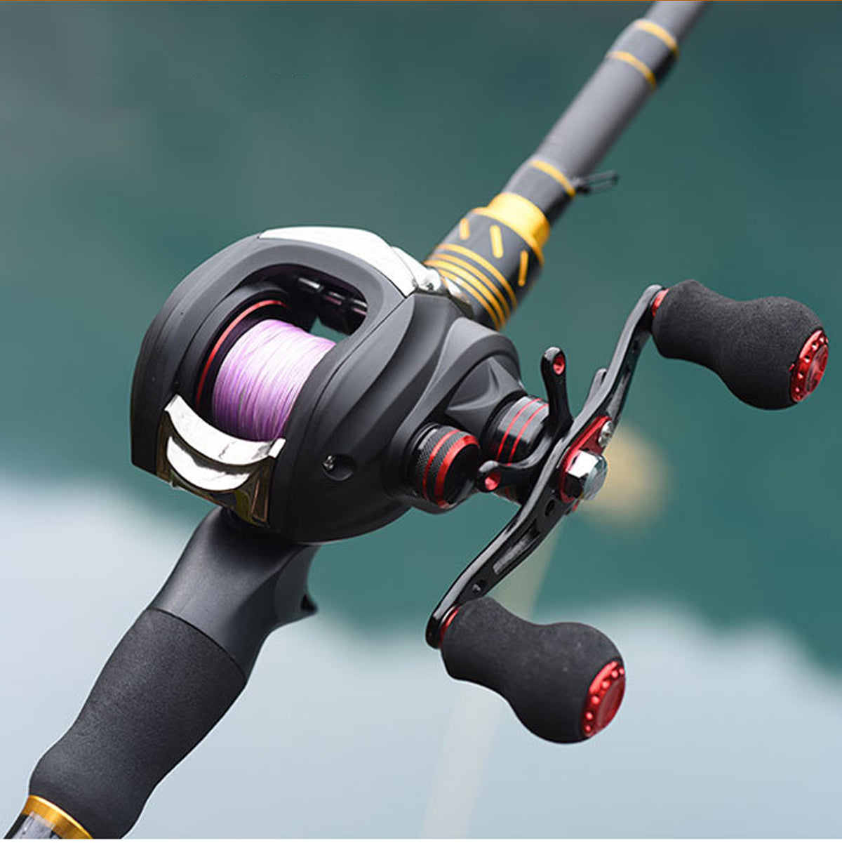 Black ultralight baitcasting fishing reel, designed for superior long distance casting on the water.