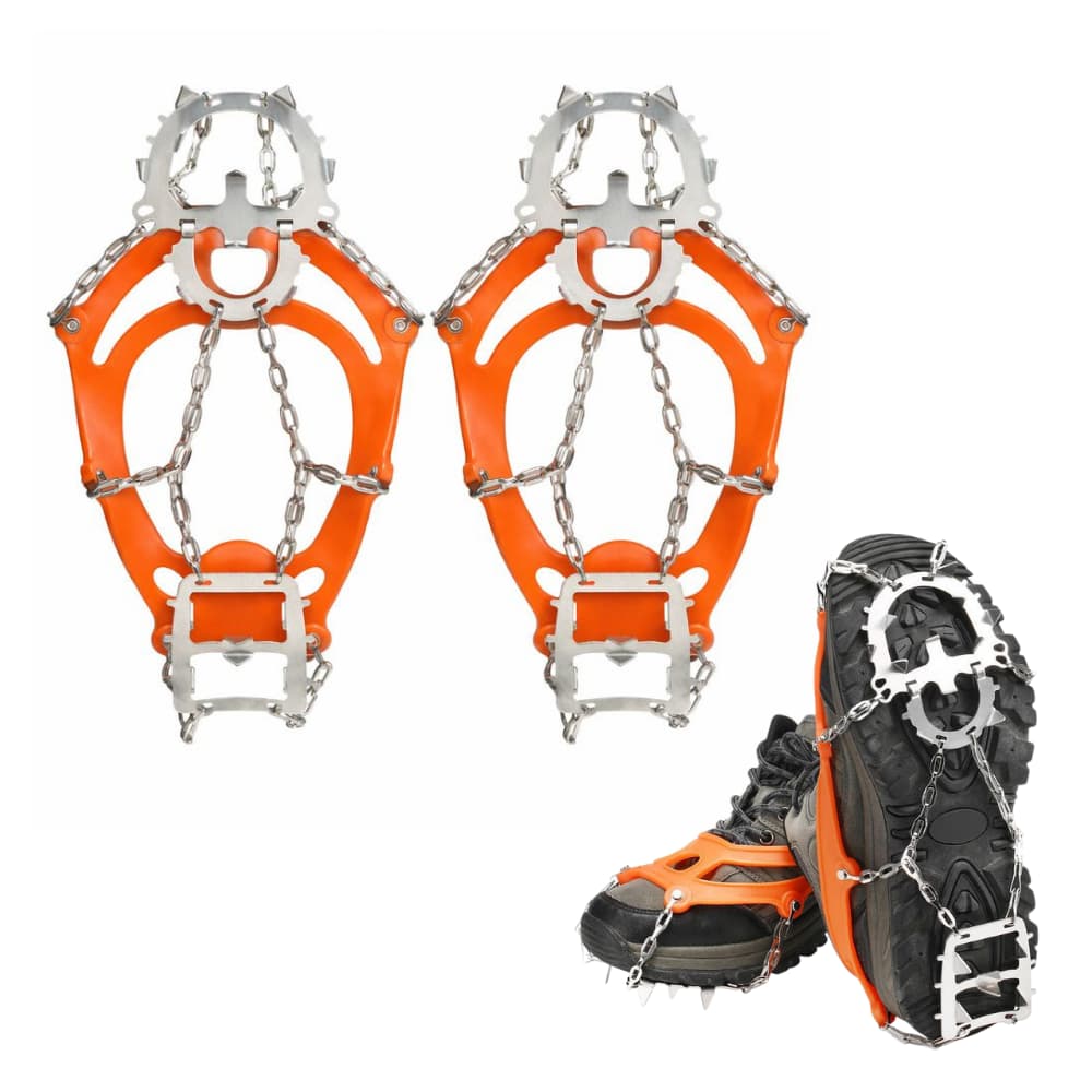 Set of ice cleats and carrying pouch, essential outdoor gear for improving winter footwear traction