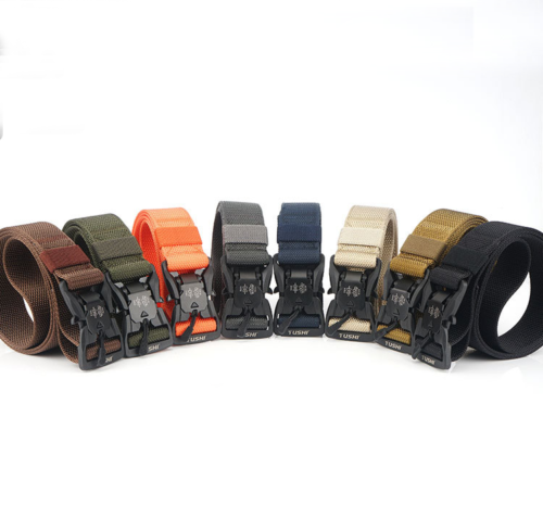 Heavy-duty tactical web belt with quick release buckle, demonstrating its adjustable feature for a secure fit.