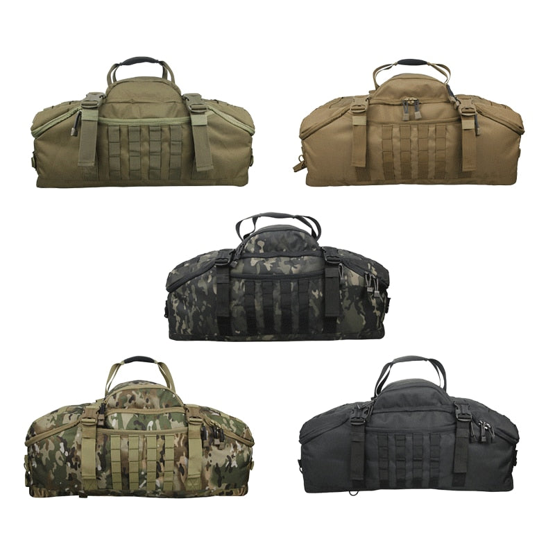 Multiple angles of the waterproof tactical duffel backpack, ideal for camping and outdoor adventures.
