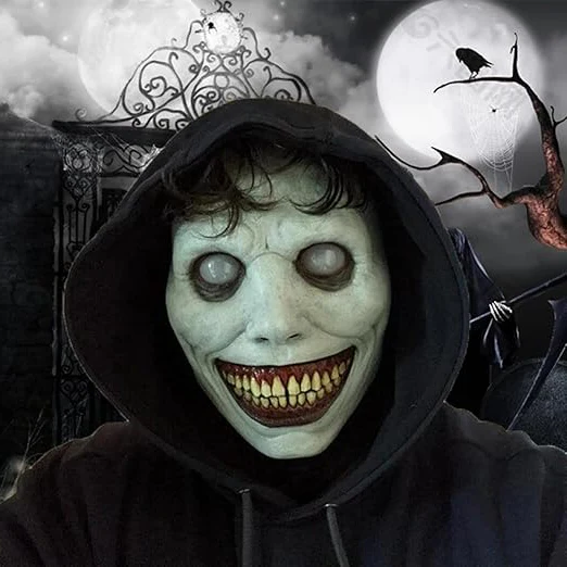 Disturbing creepy smiling demon mask, horror-themed, with stark white eyes for scary Halloween looks.