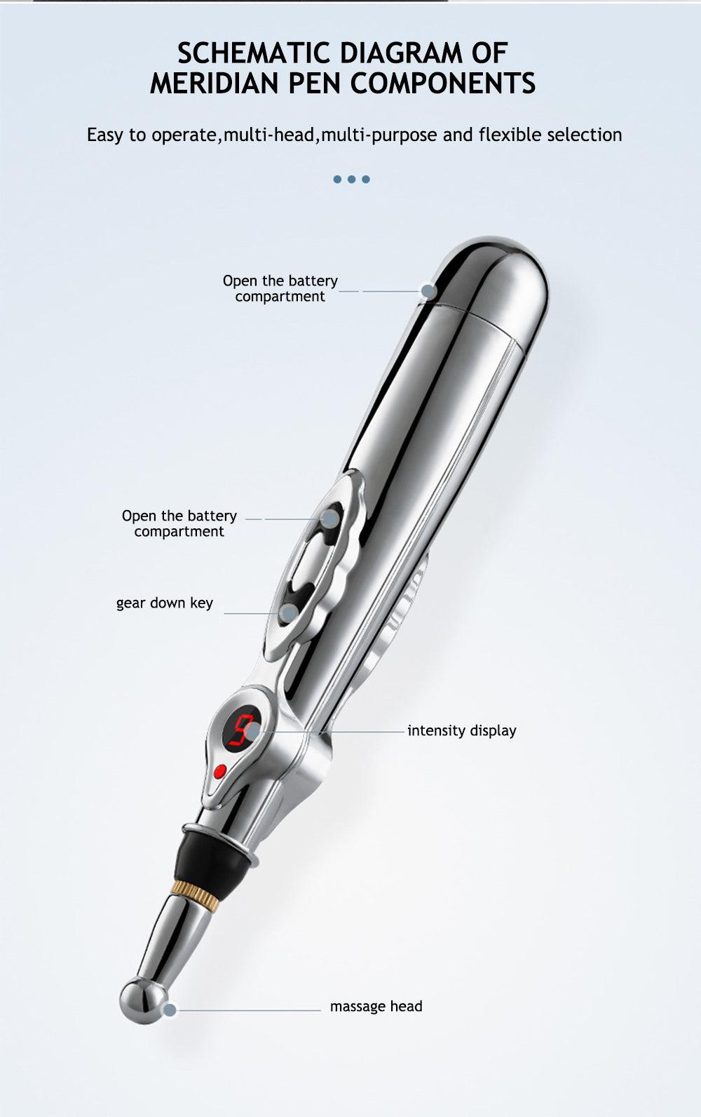 Unisex electronic acupuncture pen for effective muscle pain relief. Meridian energy massager.
