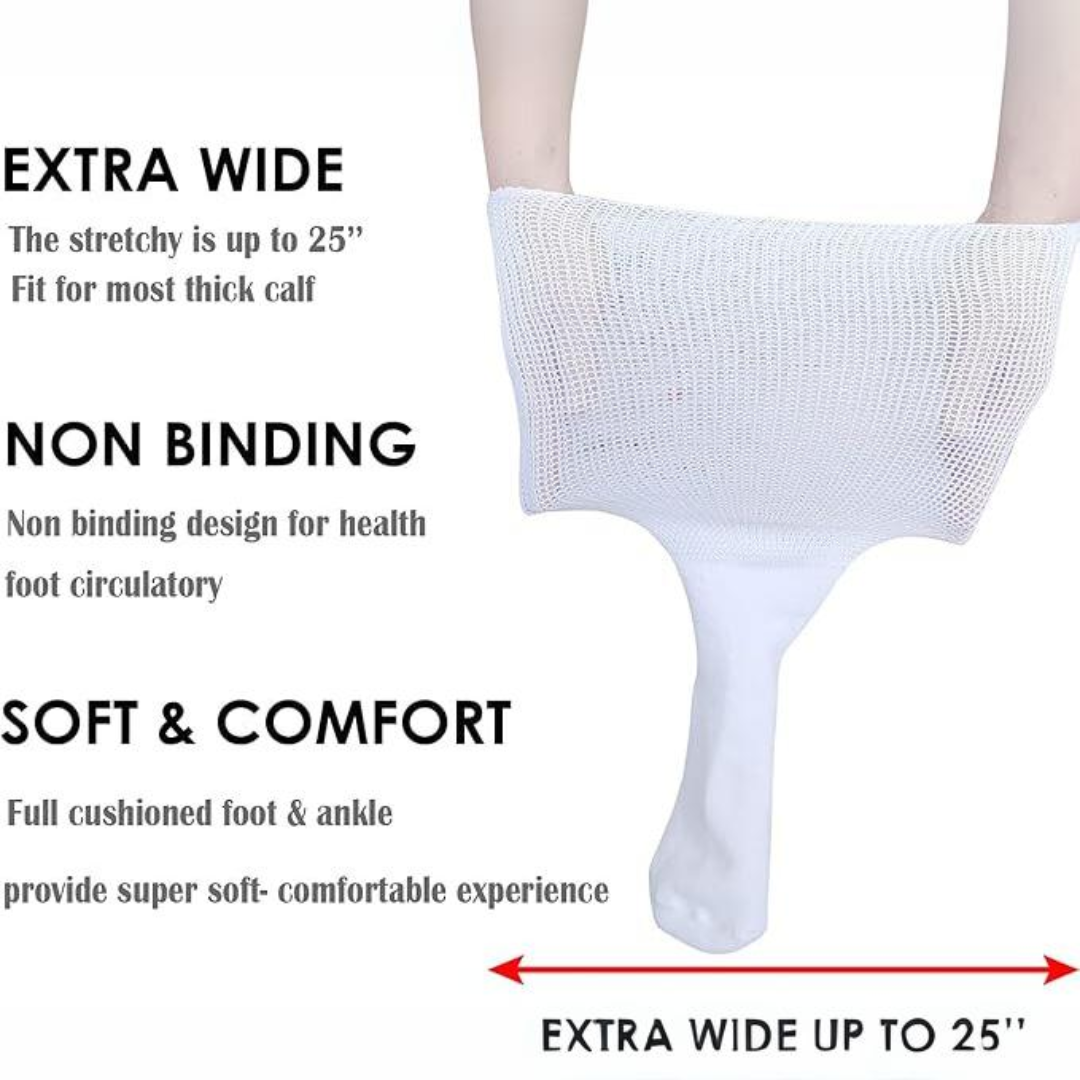 Two pairs of extra wide diabetic socks. Unisex comfort for swollen feet, lymphedema & circulation support. Knee high.