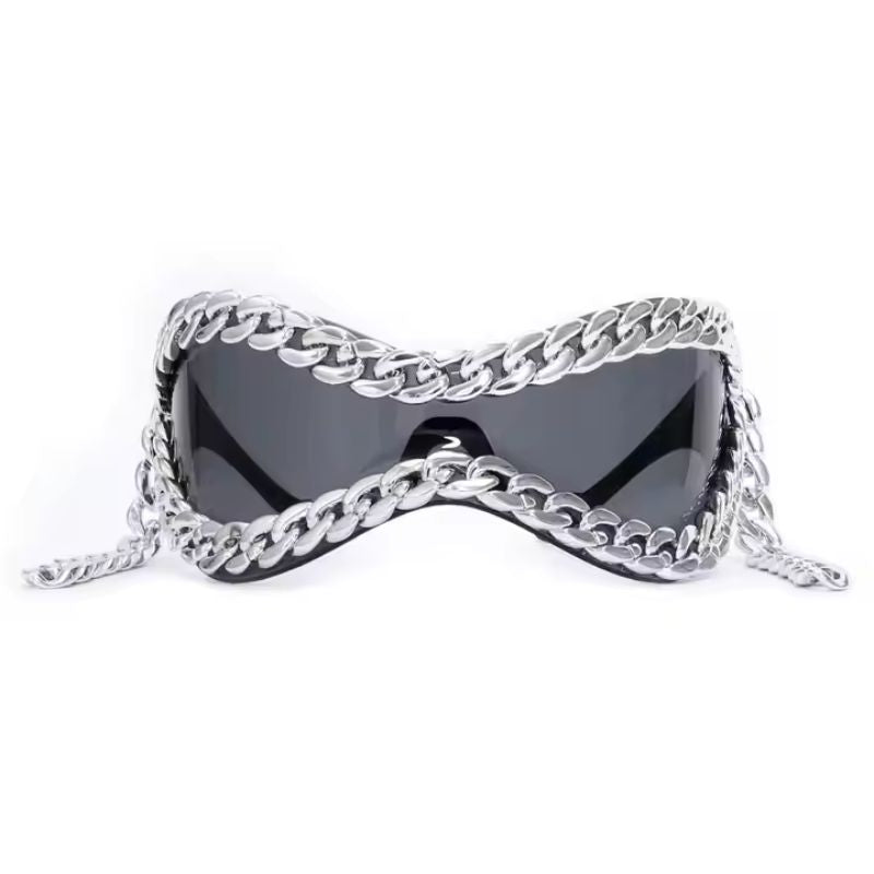Bold unisex wrap-fit mirrored sunglasses. Black frame, silver lenses, distinctive chain accent. Fashion statement.