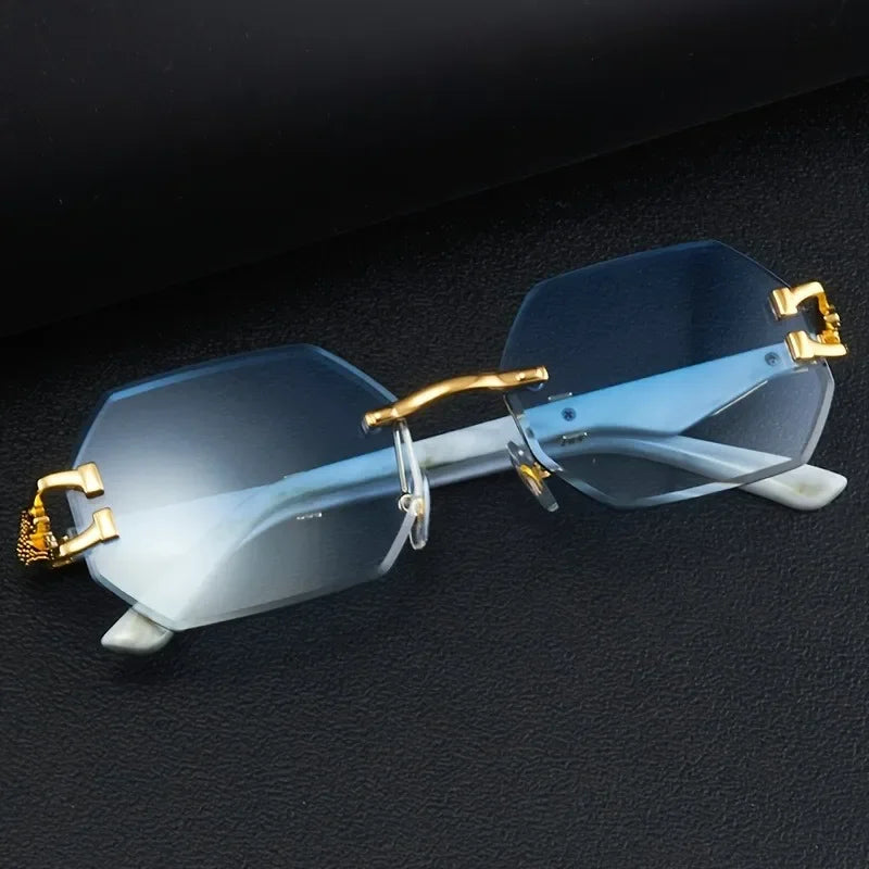 Stylish unisex rimless sunglasses, polygonal design, UV400, perfect eye protection accessory.