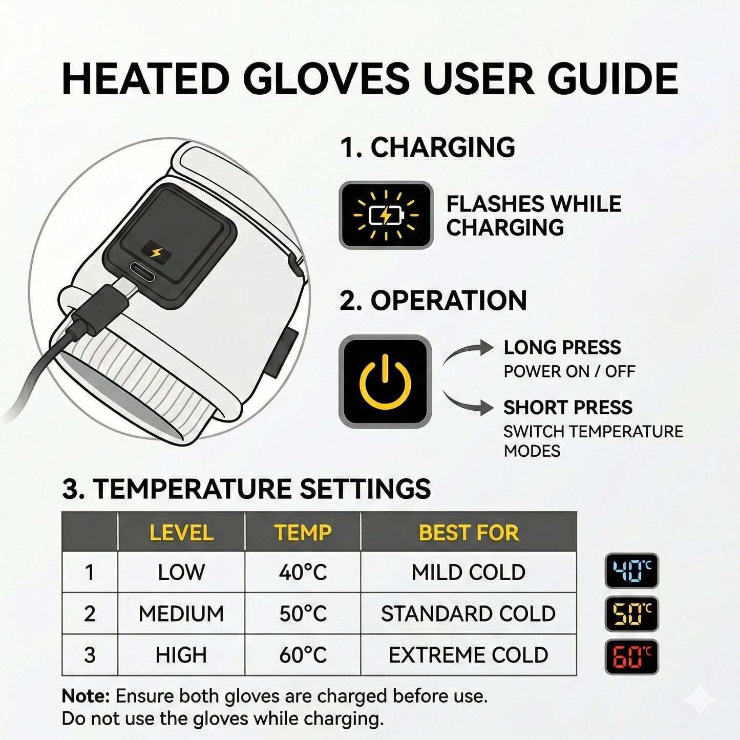 Warm unisex heated accessories: black gloves on a snowy background, emphasizing winter readiness.