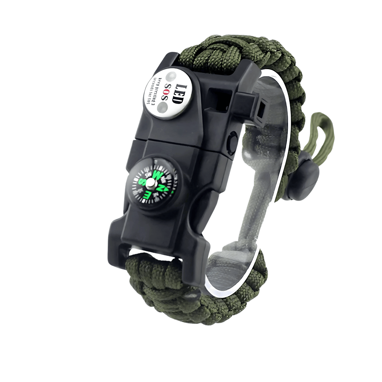 Versatile paracord bracelet, essential for camping, featuring LED, compass, and fire striker.