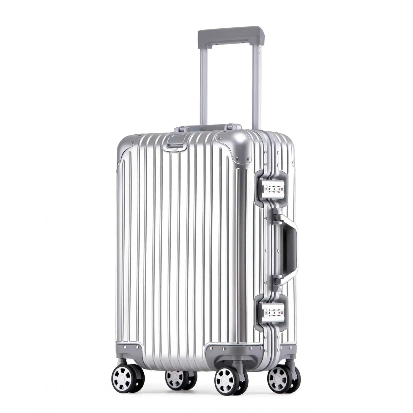 Lightweight Tirana aluminum hardshell suitcase in motion, showing smooth spinner wheels & telescopic handle extended.