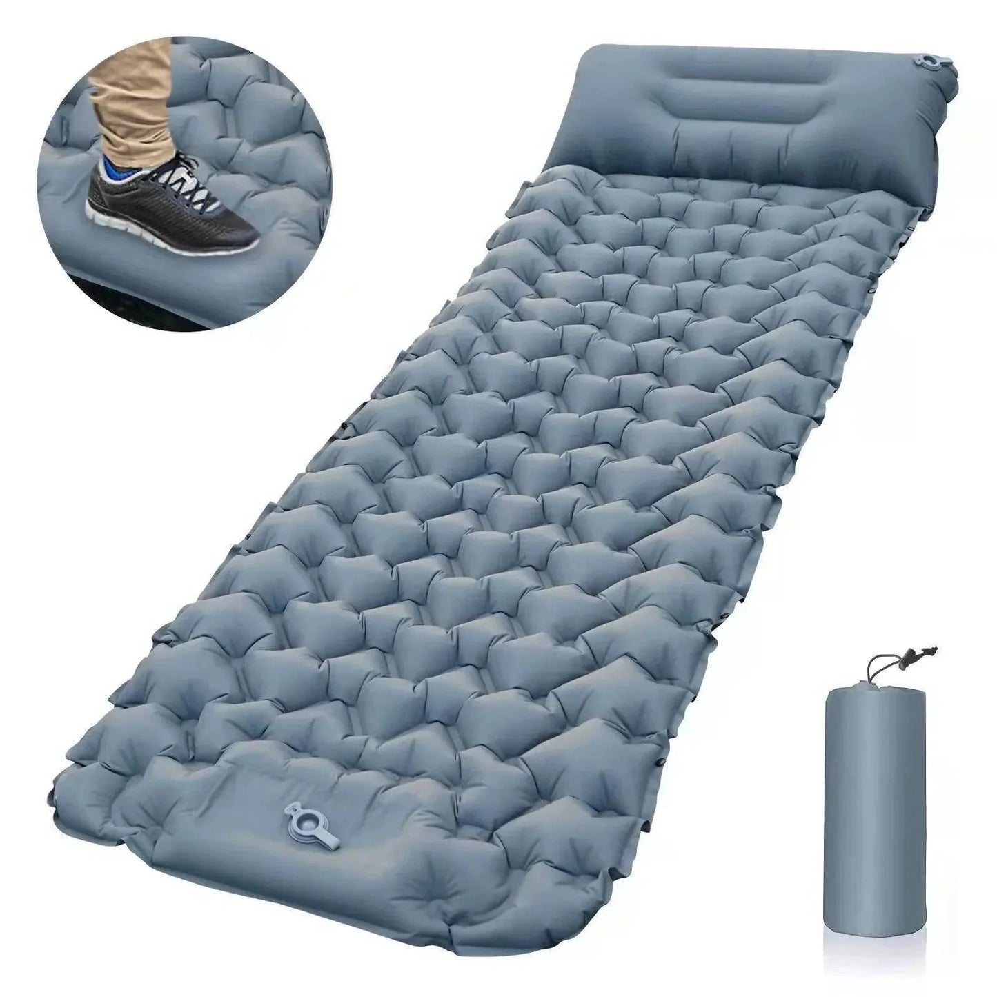 Comfortable backpacking sleeping mat, blue, with a person demonstrating built-in pump usage