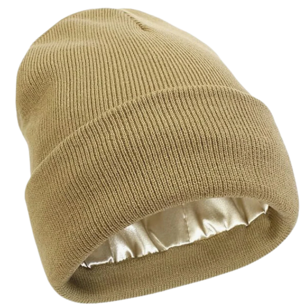 Versatile black knit beanie, satin-lined, providing warmth & frizz-free hair protection for winter.