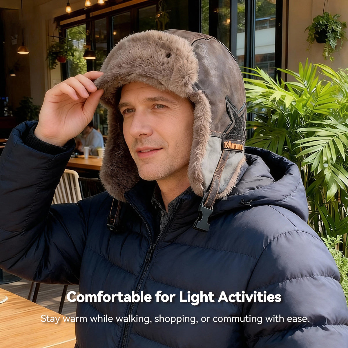 Back view of a durable trapper hat, highlighting its sturdy construction and winter readiness