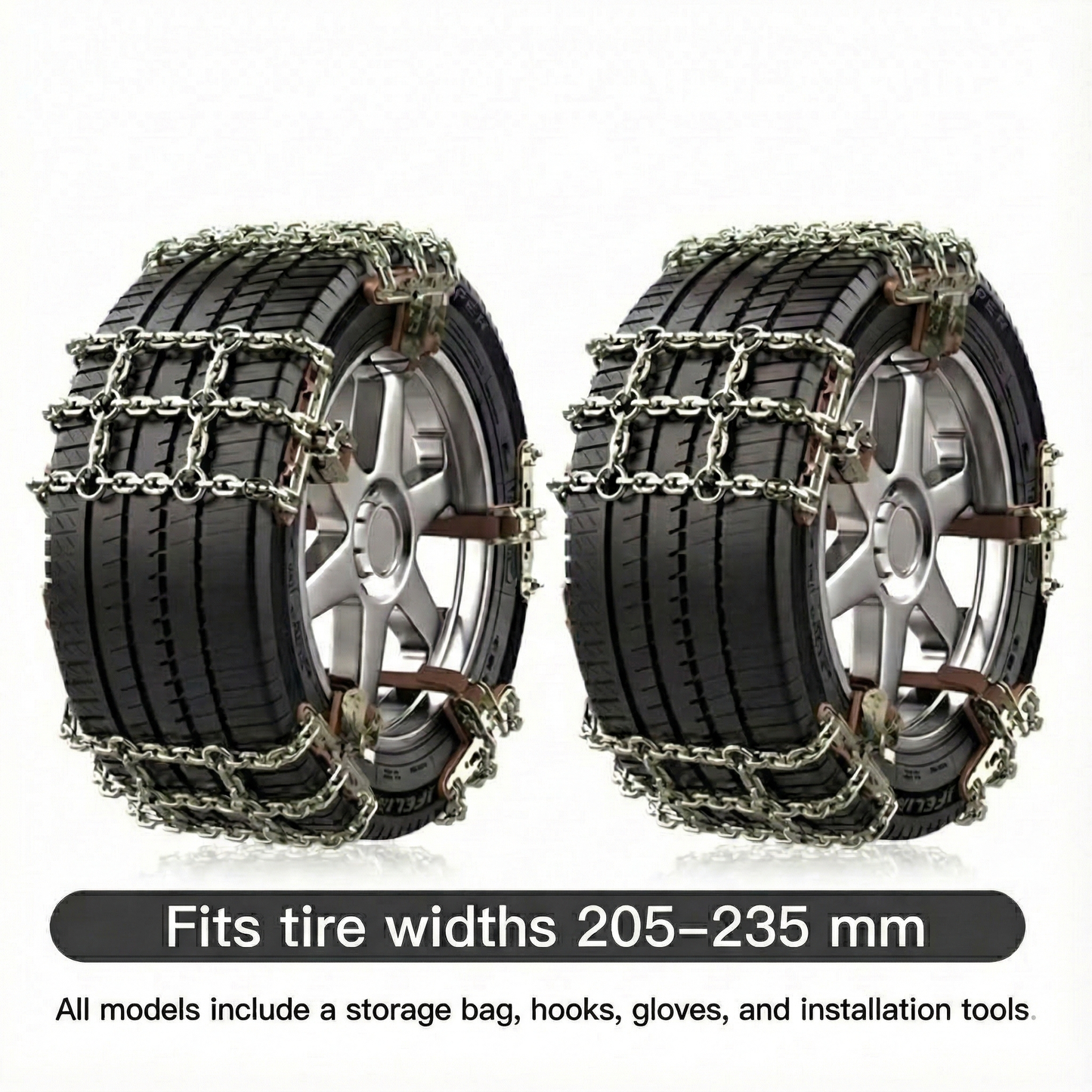 Universal snow chains providing strong road grip for various vehicles