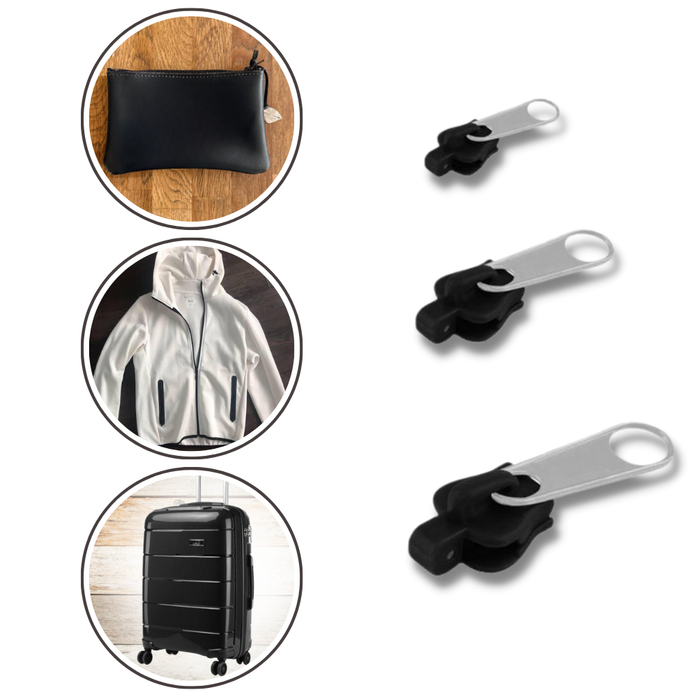 Instant zipper repair kit with universal clip-on slider. Durable solution for quick fixes on coats, bags & tents.