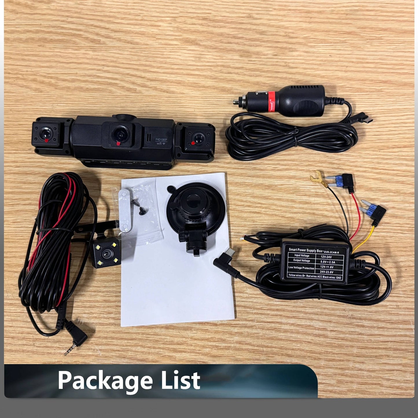 Vehicle security dash cam with G-sensor, wireless front and rear cameras, and night vision.