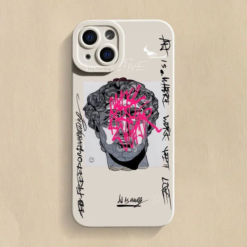 Iconic art iPhone case with urban graffiti Mona Lisa & David print. Phone protection, sleek TPU, wireless charging.