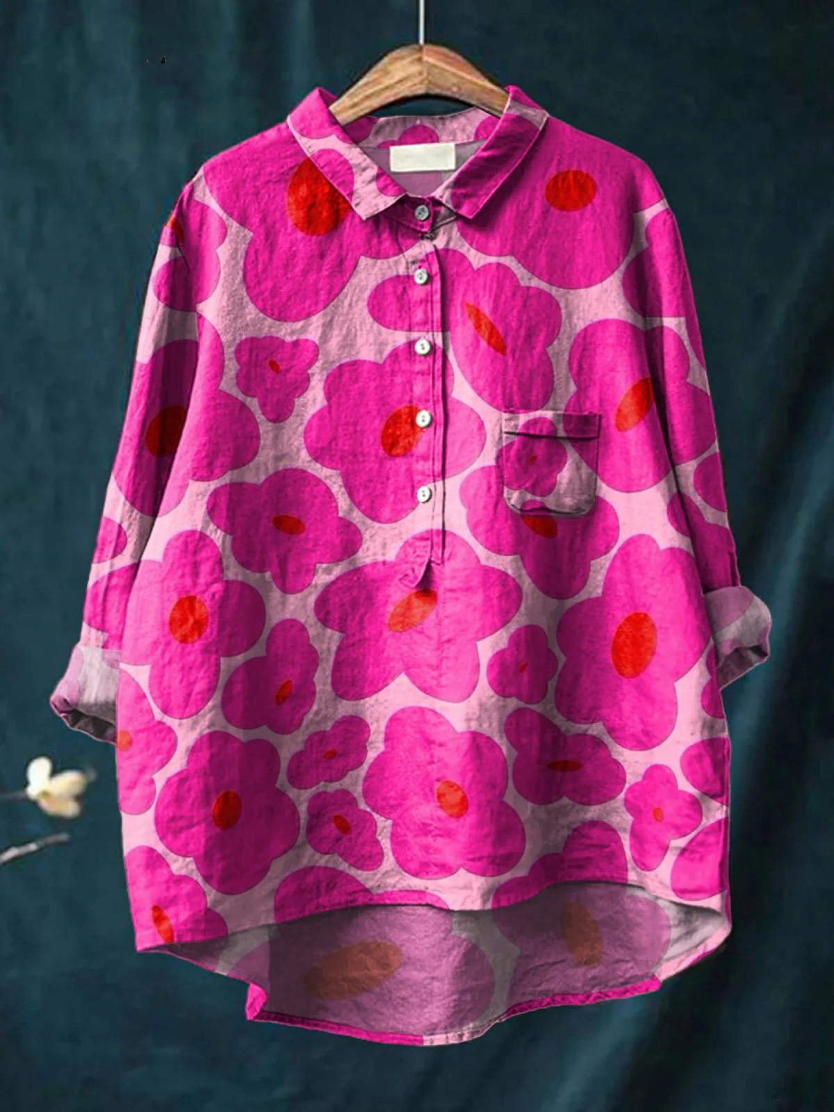 Vibrant pink floral women's casual shirt with a relaxed fit, perfect for summer and everyday wear.