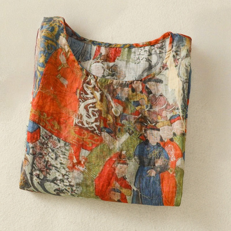 Feminine Women's Amber Top with vibrant artistic design. A comfortable, relaxed printed top for unique summer style.