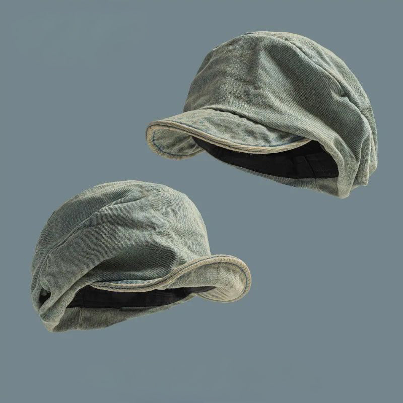 Women's boho denim beret hat. Blue, casual, retro-style fashion accessory & headwear.
