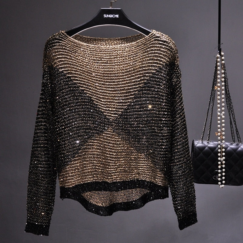 Elegant women's long-sleeve sequin top. Shimmery dazzling party wear with intricate sequin detailing. Glamorous.