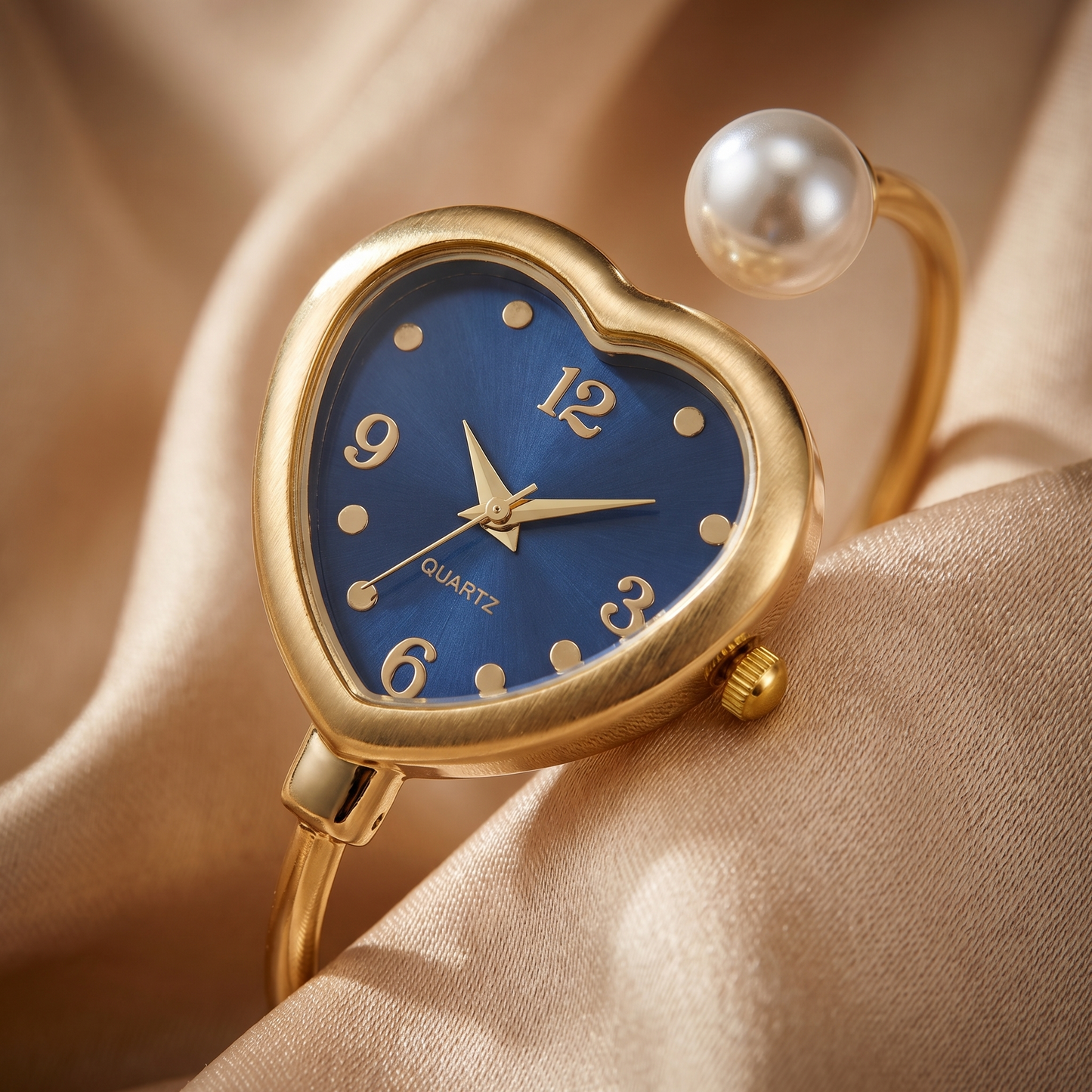 Modern fashion watch for women: gold bracelet, exquisite pearl accents, and a distinctive heart design.
