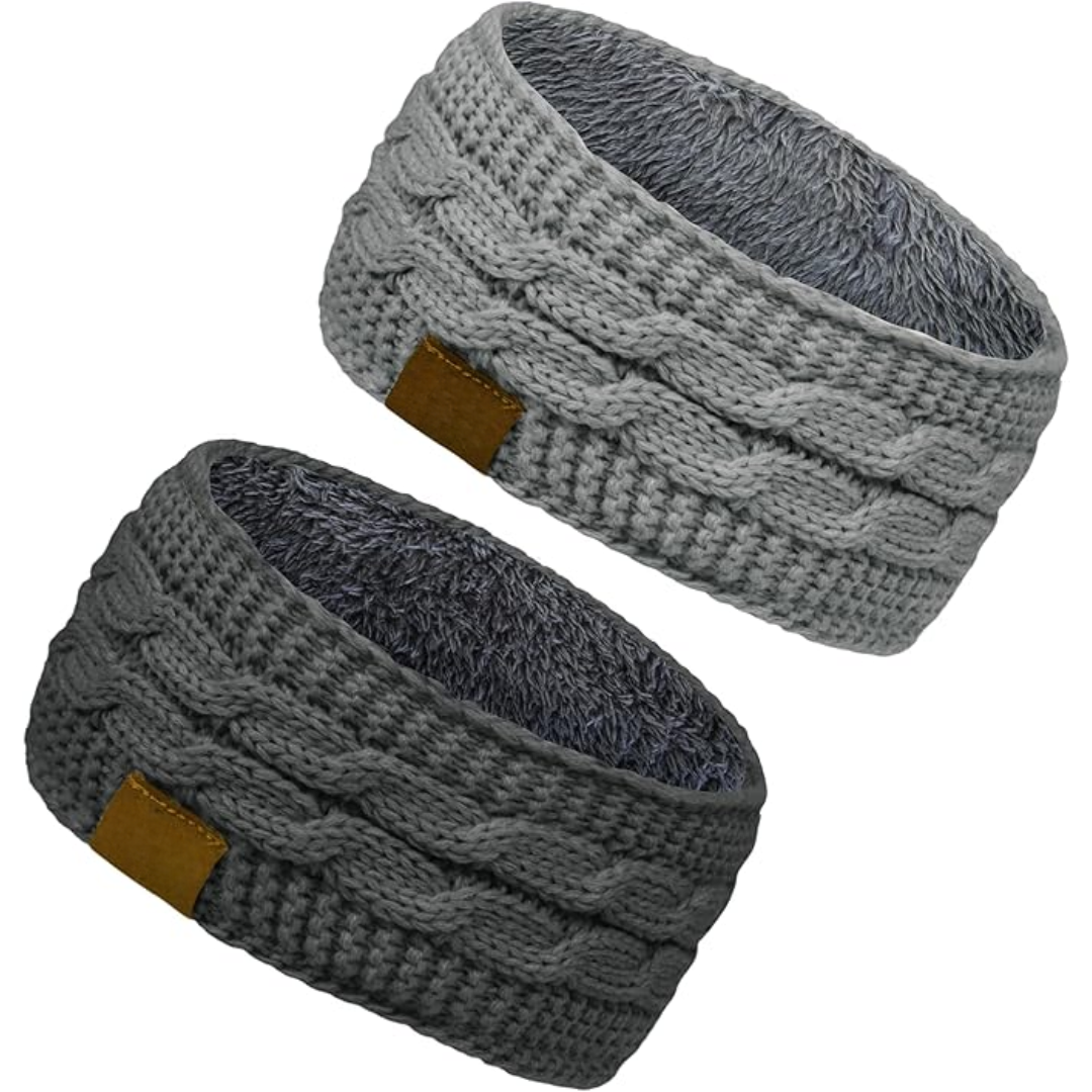 Textured knitted women's ear warmer headband, fleece lined for superior winter warmth and style.
