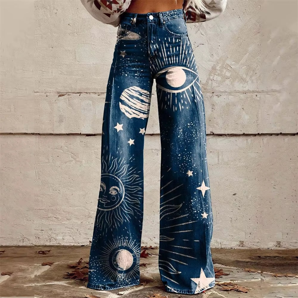 Women's high-rise flared jeans in patterned denim. Featuring a unique wide-leg design and comfortable fit.