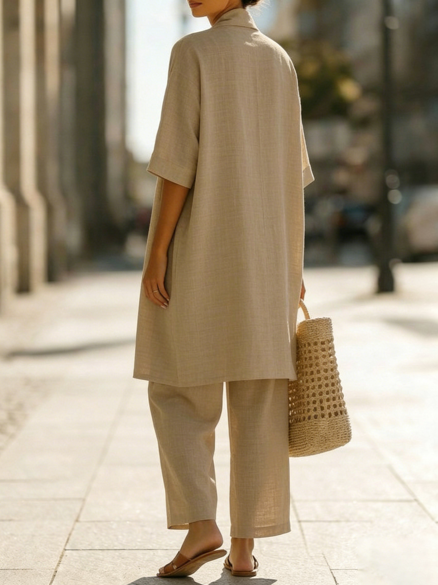 Soft linen-cotton women's three-piece set. Perfect for a chic summer casual outfit or elegant loungewear.