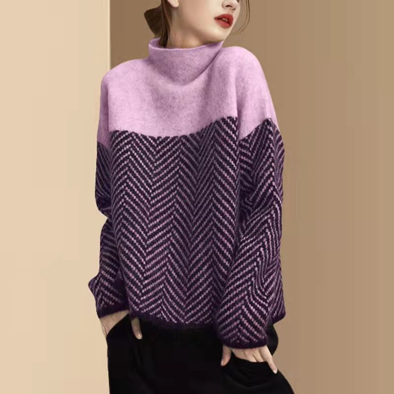 Cozy women's loose fit contrast sweater, a warm knit top for comfortable winter outfits & casual fall fashion.