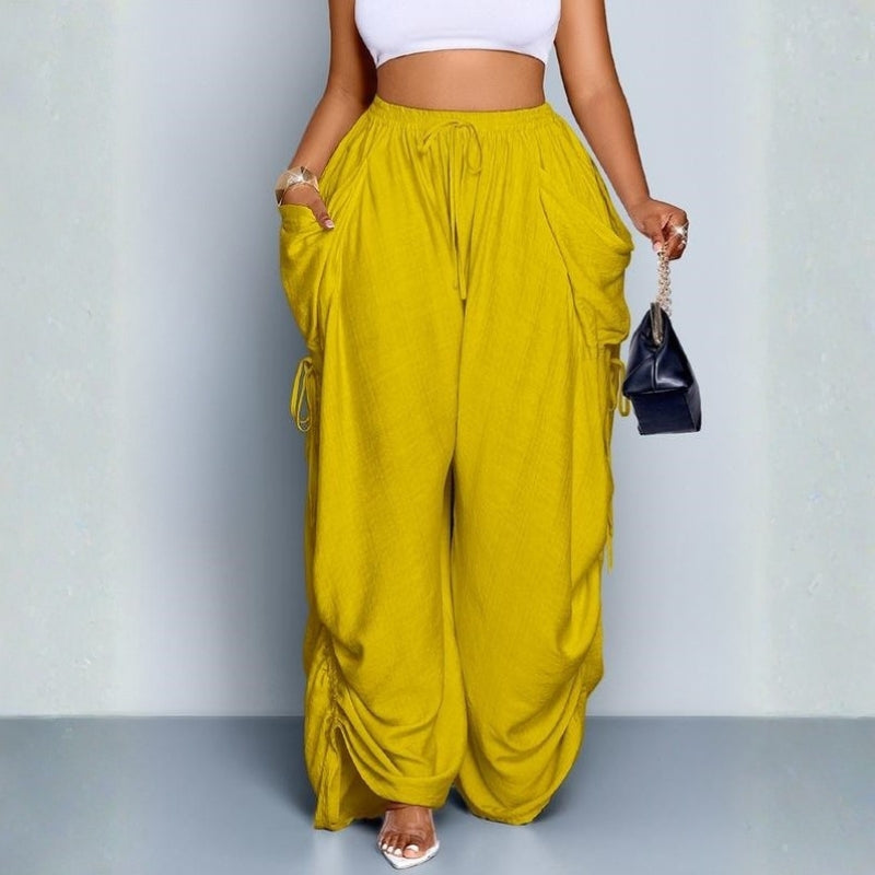 Elegant women's high-waisted wide leg pants. Drawstring, relaxed fit, comfortable and stylish for versatile casual wear.