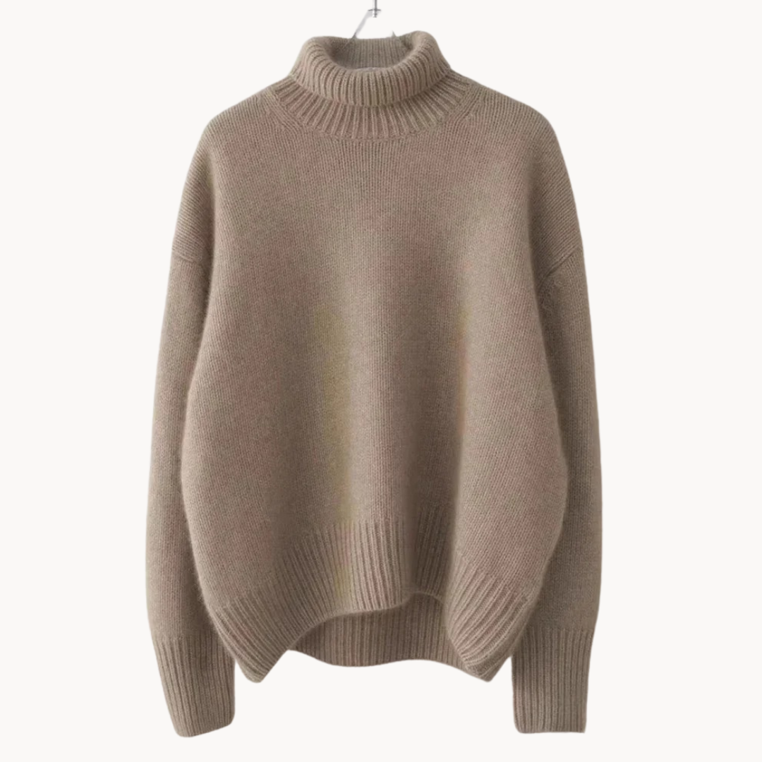 Premium women's cozy turtleneck sweater. Soft, relaxed fit knit in beige. Perfect for comfortable winter style.