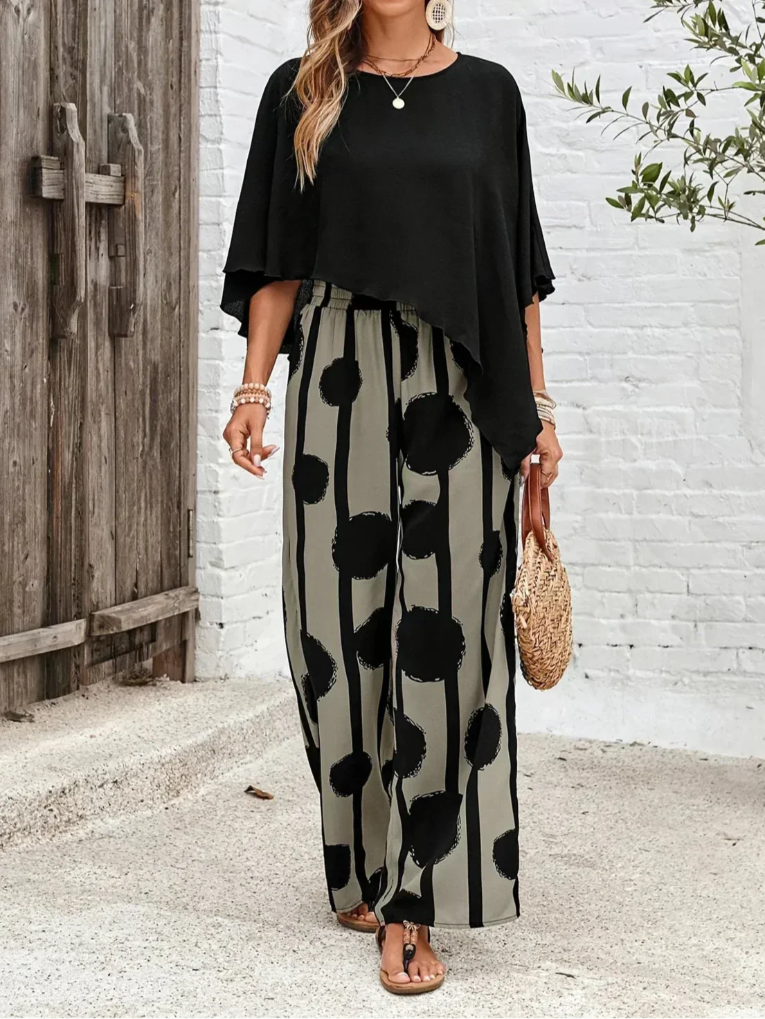 Breathable women's relaxed fit two-piece summer set, a stylish choice for warm weather casual fashion.