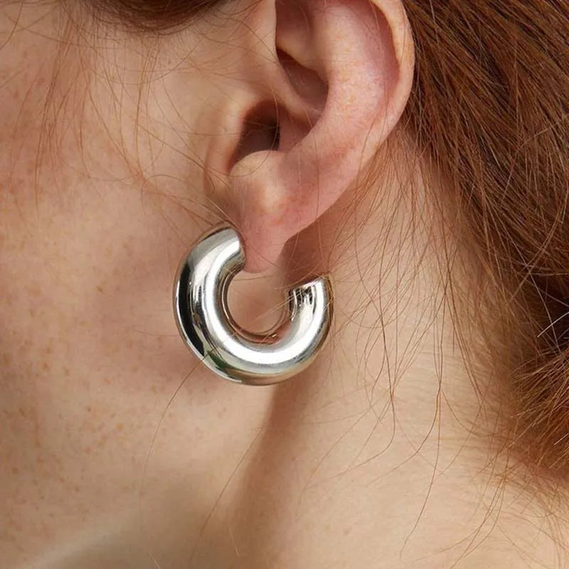 Unique sculptural hoop earrings for women, showcasing a beautiful gold and silver finish. Stylish accessory.