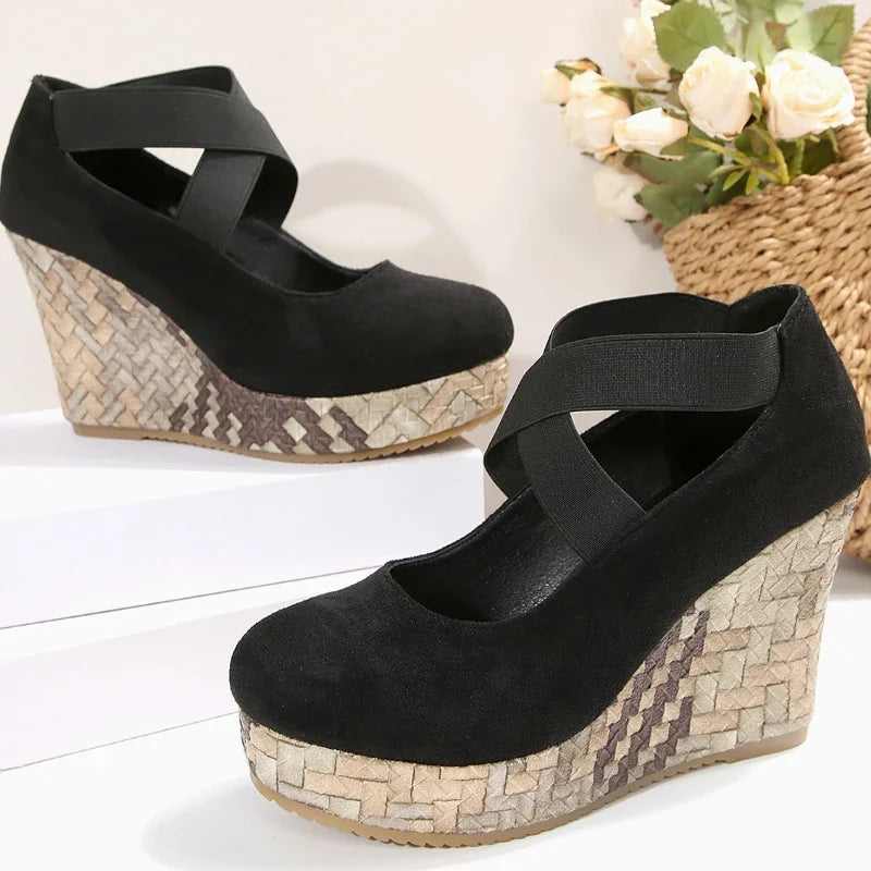 All-day comfort in black Serova Cross Wedges for women, with shock-absorbing and orthopedic features.
