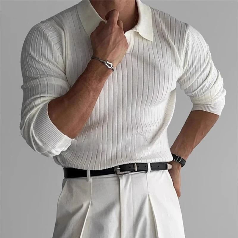 White women's ribbed V-neck long sleeve polo, a classic fall essential for sophisticated style.