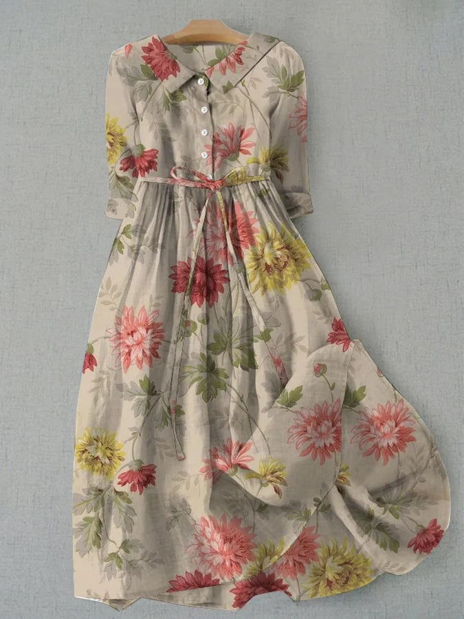 Women's vintage-inspired lace-up waist shirt dress. Comfortable A-line midi style, perfect for casual summer elegance.