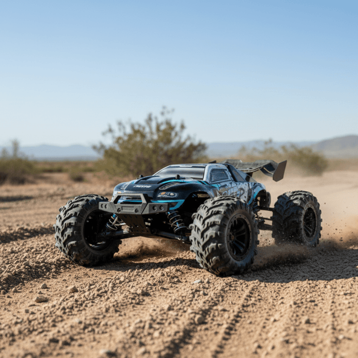 1:16 electric RC truck, all-wheel drive, with bright LED headlights for exciting off-road adventures.