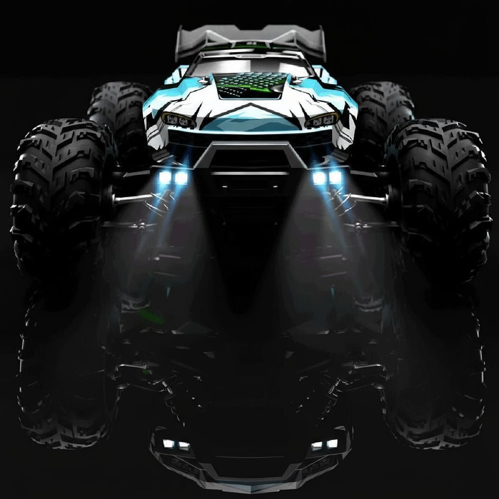 Kids' gift: 1:16 AWD electric RC truck featuring LED lights, ideal for thrilling outdoor remote control fun.