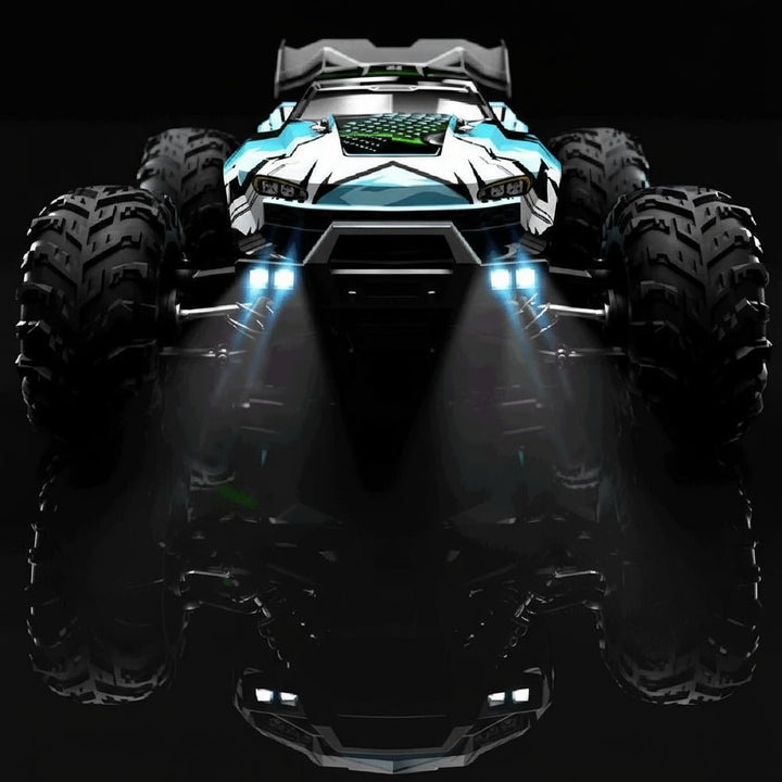 Kids' gift: 1:16 AWD electric RC truck featuring LED lights, ideal for thrilling outdoor remote control fun.