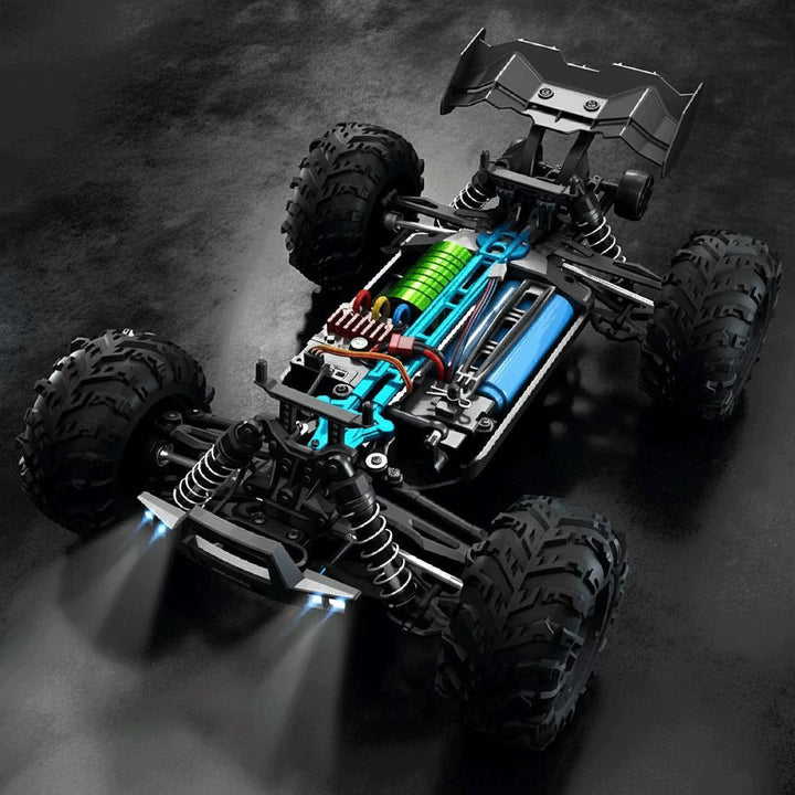Robust all-wheel drive 1:16 electric RC truck with powerful LED headlights for rugged terrain exploration.