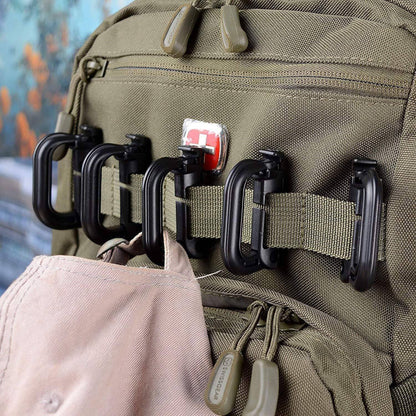 Set of 10 Molle D-Ring clips, essential carabiner-style attachments for camping gear