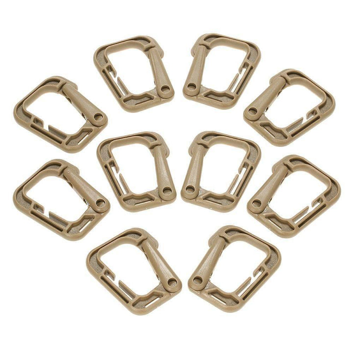 Detailed view of a Molle webbing D-Ring clip showing secure locking mechanism